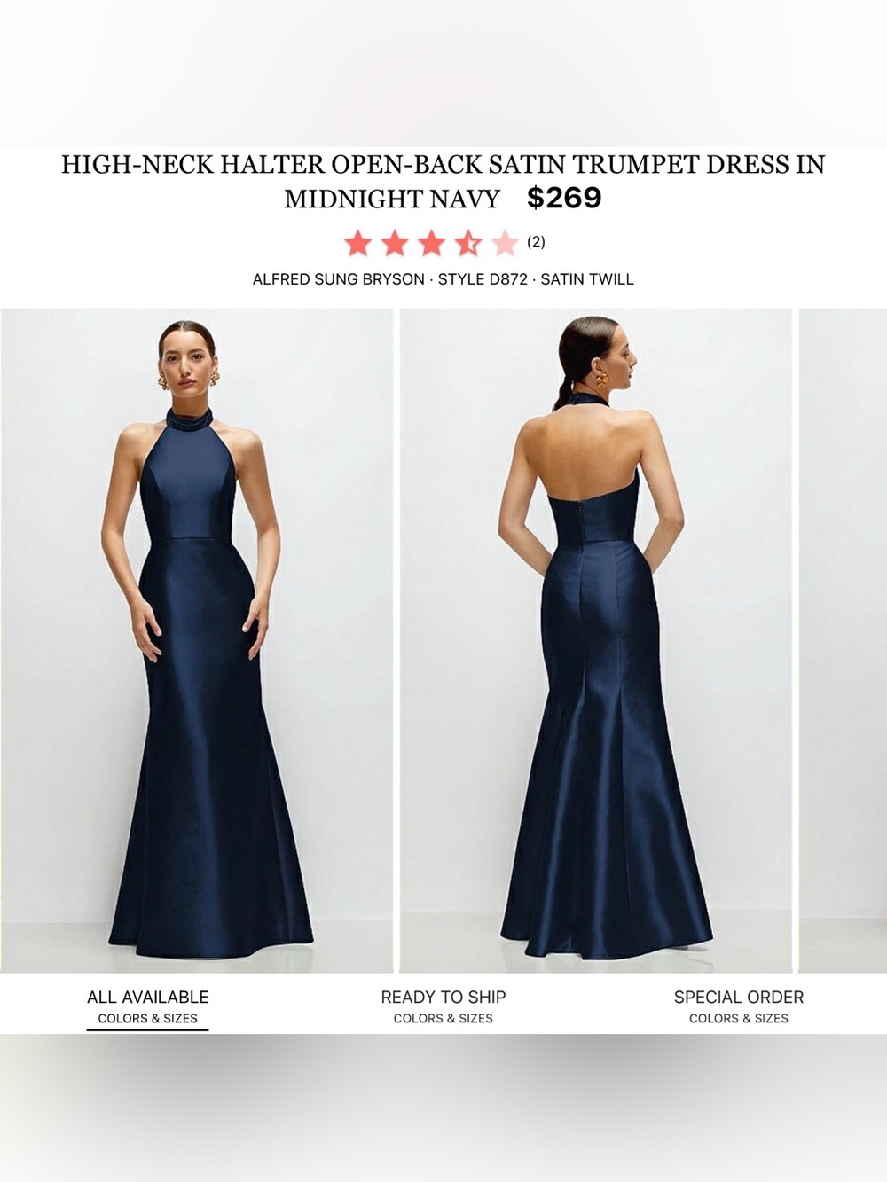 ALFRED SUNG Midnight Navy High-Neck Halter Open-Back Satin Trumpet Gown